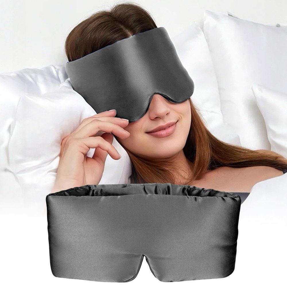 100% Mulberry Silk Sleep Mask Eye Mask for Man and Woman with Adjustable Headband Full Size Large Sleep Mask Blindfold for Total Blackout All Night Sleep Travel Nap Taupe (Grey)