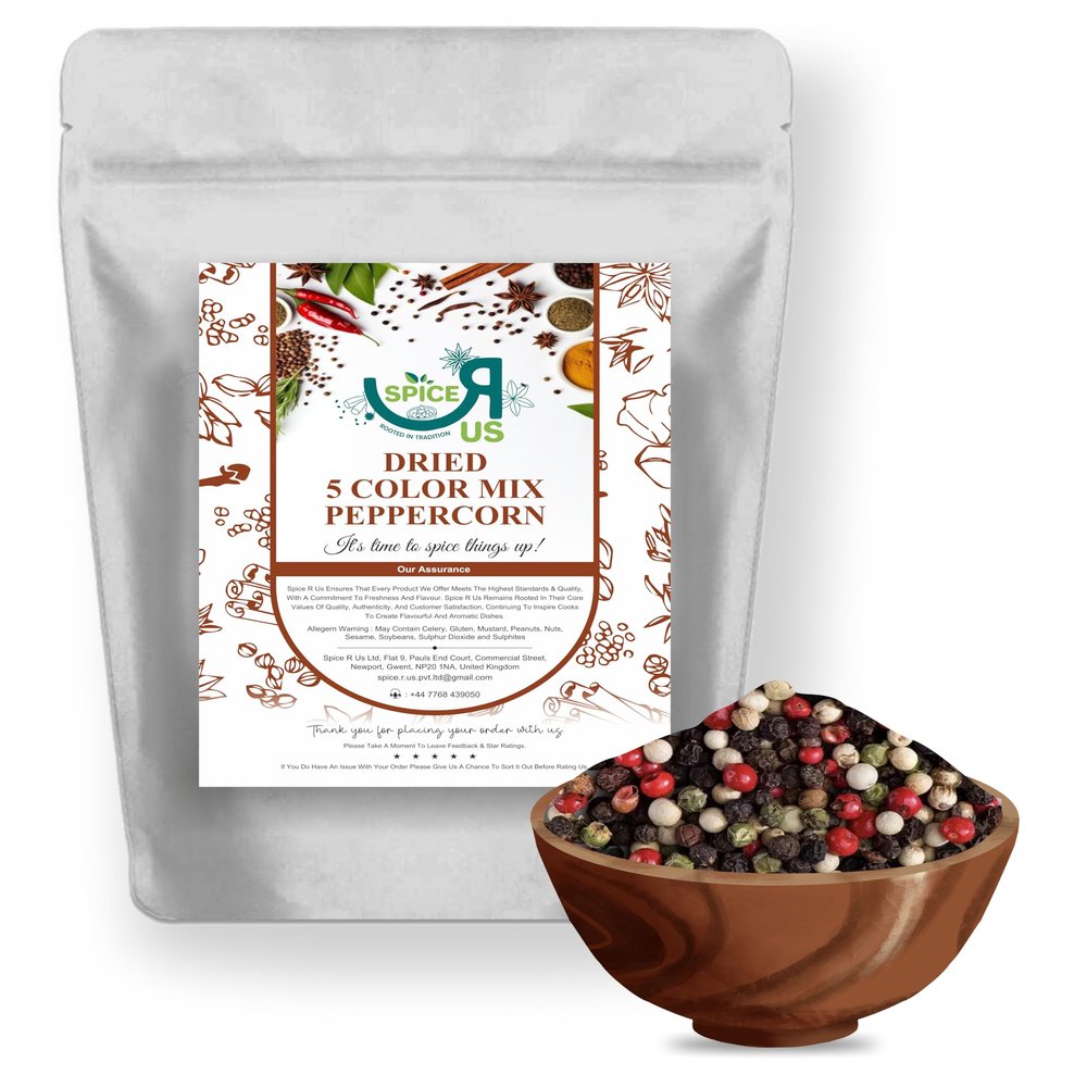 5 Colour Dried Mixed Peppercorns (Black White Pink Green Pimento) by Spice R Us 50g-1900g (450g)