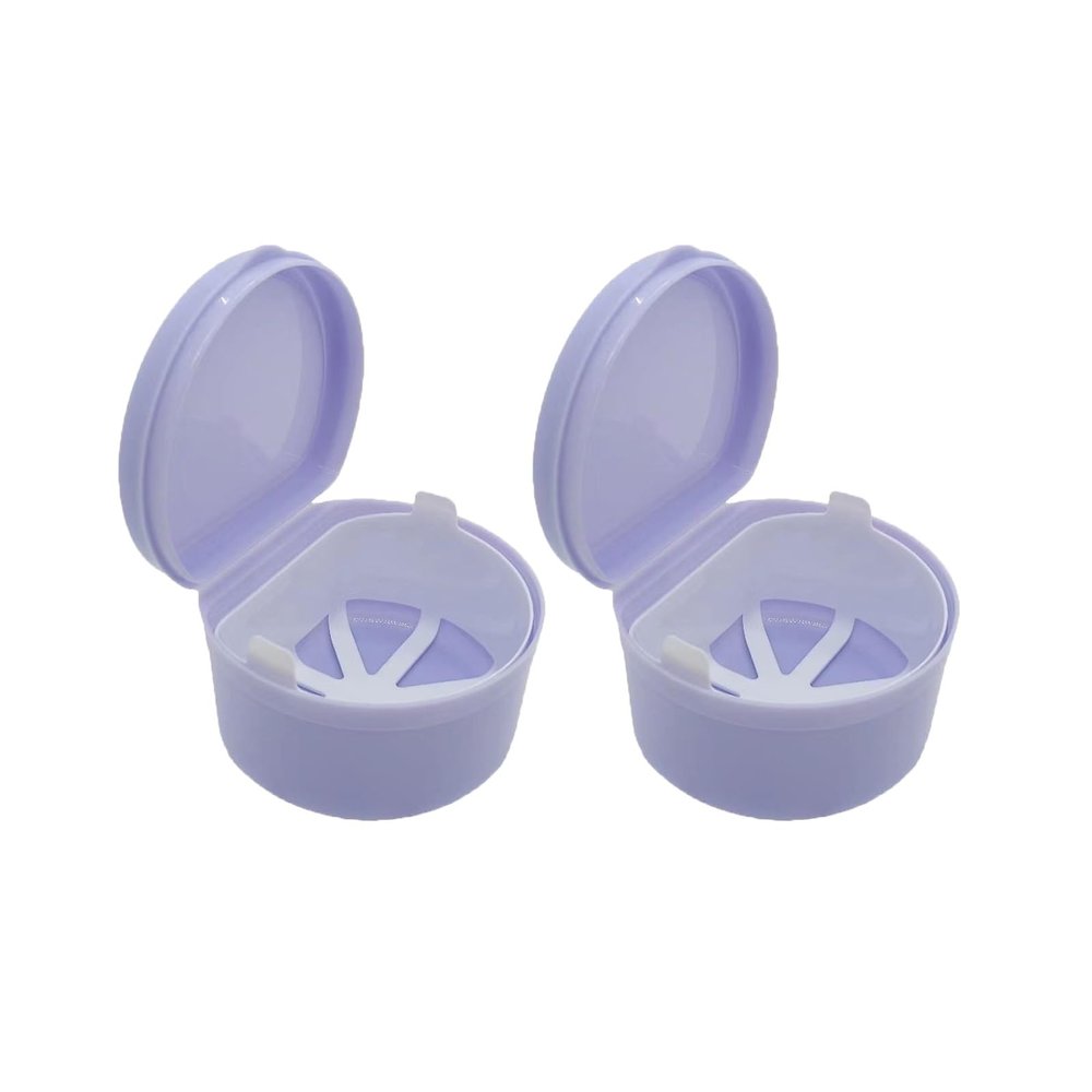 SQOYEI Ventilation Denture Case for Full Dentures Denture Cup with Drain Basket, Portable for Clear Braces Retainer Bath Travel(2 Pcs,Purple)