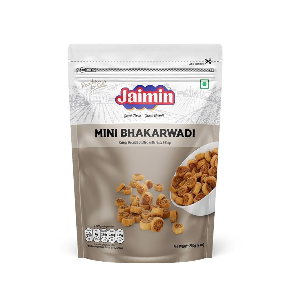 Jaimin Indian Snacks -Traditional Flavours- The Ethinic Taste Of India- Savourys and Snacks- Enjoy a Bold, Savory Taste-A Tasty Party Snack Option (pack of 1) (Pack of 1, Mini Bhakarwadi)
