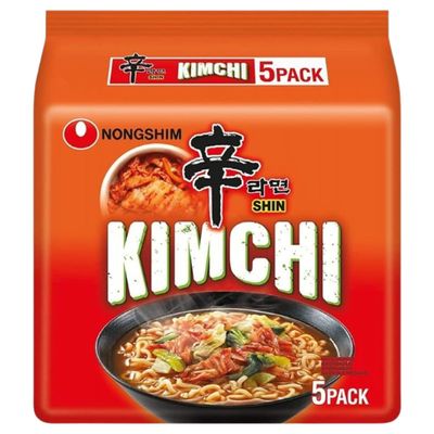 Nongshim Shin Ramyun Noodle Soup Vegan & Halal Spicy Korean Instant Noodles, Plant-Based (Pack 5, Shin Kimchi 120g)