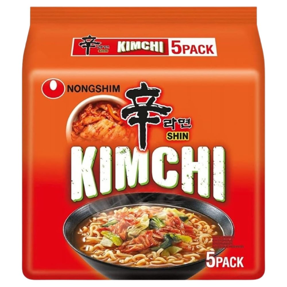 Nongshim Shin Ramyun Noodle Soup Vegan & Halal Spicy Korean Instant Noodles, Plant-Based (Pack 5, Shin Kimchi 120g)