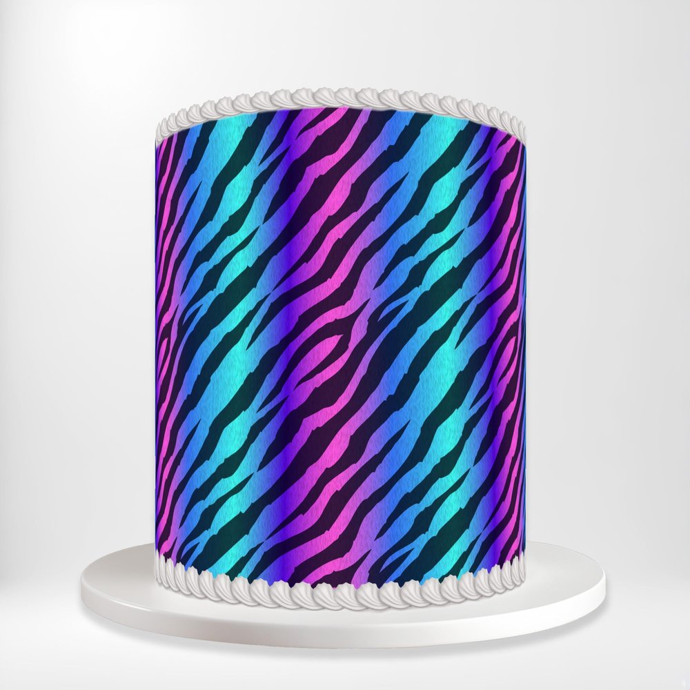 Vibrant Rainbow Zebra Animal Skin Fur Diagonal Stripes Wrap Around Print A4 Edible Paper Icing Sheet Cake Topper Side Ribbon Border Decor for Personalised Themed Decorations