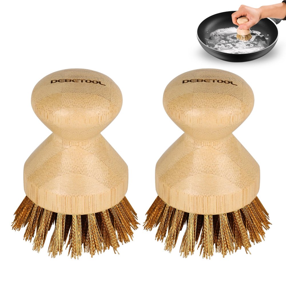 DEBETOOL Cast Iron Scrubber - Natural Bamboo Cast Iron Scrubber Cleaner with Brass Bristle, Heavy Duty Cast Iron Brush for Wok, Griddles BBQ Grills Grill Pan, Cast Iron Cleaning