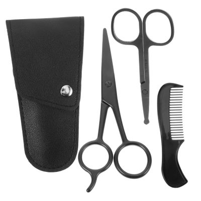 FRCOLOR Beard Trimming Scissors and Mustache Shears Kit, 4pcs Stainless Steel Grooming Set with Comb and Storage Bag for Mens Facial Hair Care at Home and Barbershop