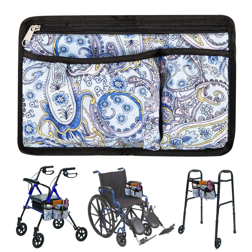 Wheelchair Side Bag with Cup Holder, Stretchable Walker and Wheelchair Pouch, Water-Resistant Hand-Free Carry Pouch Storage Bag for Universal Wheelchairs Rollator Walker Accessories
