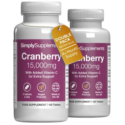 Cranberry 15,000mg Tablets | High Strength Cranberry Extract | Vegan & Vegetarian Friendly | Now with Vitamin C for Immune Support | 360 Tablets = Up to 12 Months' Supply | Manufactured in The UK