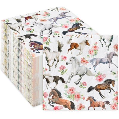 50Pcs Floral Horse Paper Napkins Watercolor Disposable Luncheon Napkins Horse Flower Dessert Dinner Hand Napkin for Horse Racing Theme Party Supplies