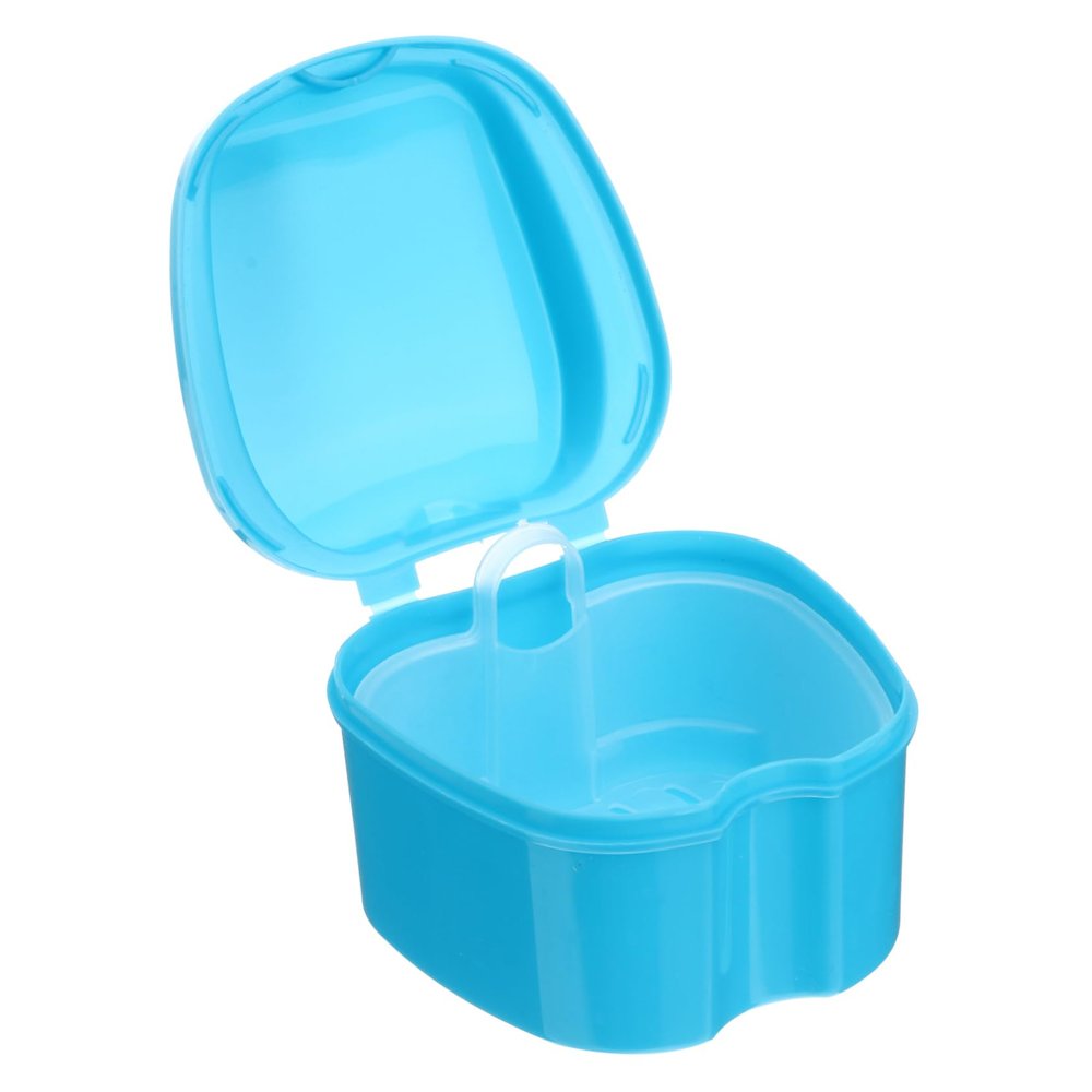 HAPINARY Blue Denture Case with Rinsing Basket and Hanging Net Container, Pp Material Denture Box Prevents Accidental Damage and is Convenient to Carry for Elderly People and Travelers