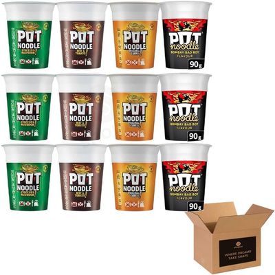 Instant Pot Noodles | Beef & Tomato, Chicken & Mushroom, Original Curry & Bombay Bad Boy | Quick & Easy Ready Meal Snack Pots | Cup Noodles Variety - 90g (Assorted Case of 12, Multipack 90g)