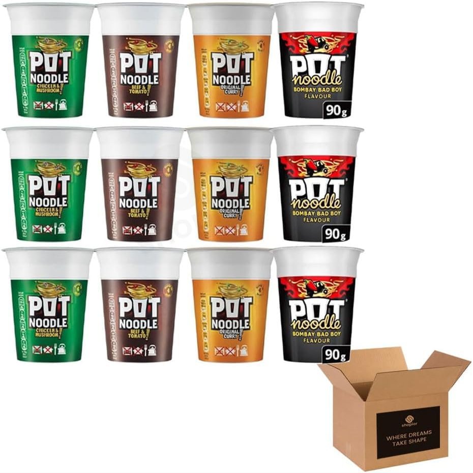 Instant Pot Noodles | Beef & Tomato, Chicken & Mushroom, Original Curry & Bombay Bad Boy | Quick & Easy Ready Meal Snack Pots | Cup Noodles Variety - 90g (Assorted Case of 12, Multipack 90g)