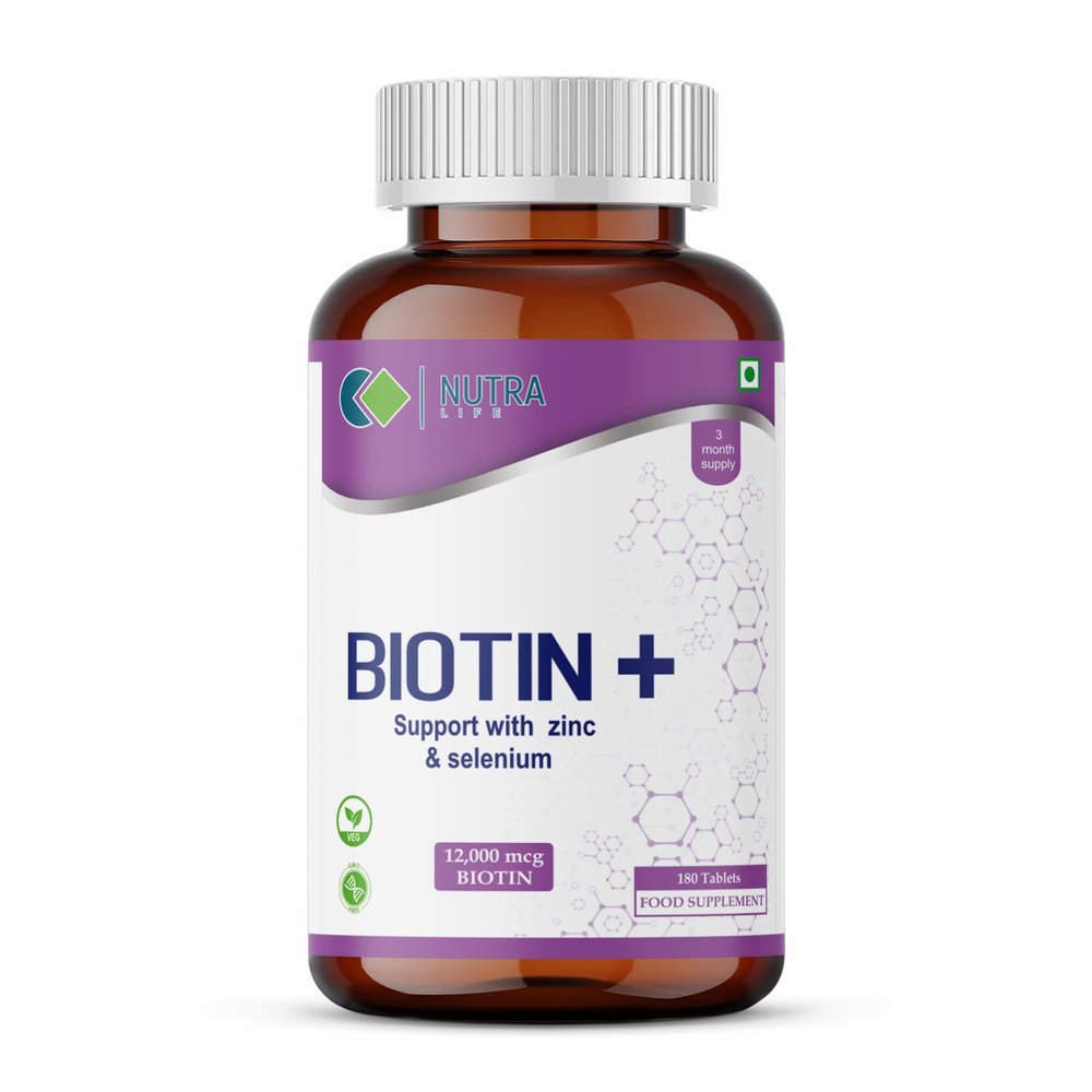 Nutra Life Biotin with Zinc & Selenium Tablets - 12000 mcg - 180 Tablets - Hair Growth Vitamins for Thicker Hair and Fuller Beard - Faster Nail Growth - Healthy Skin - for Men & Women
