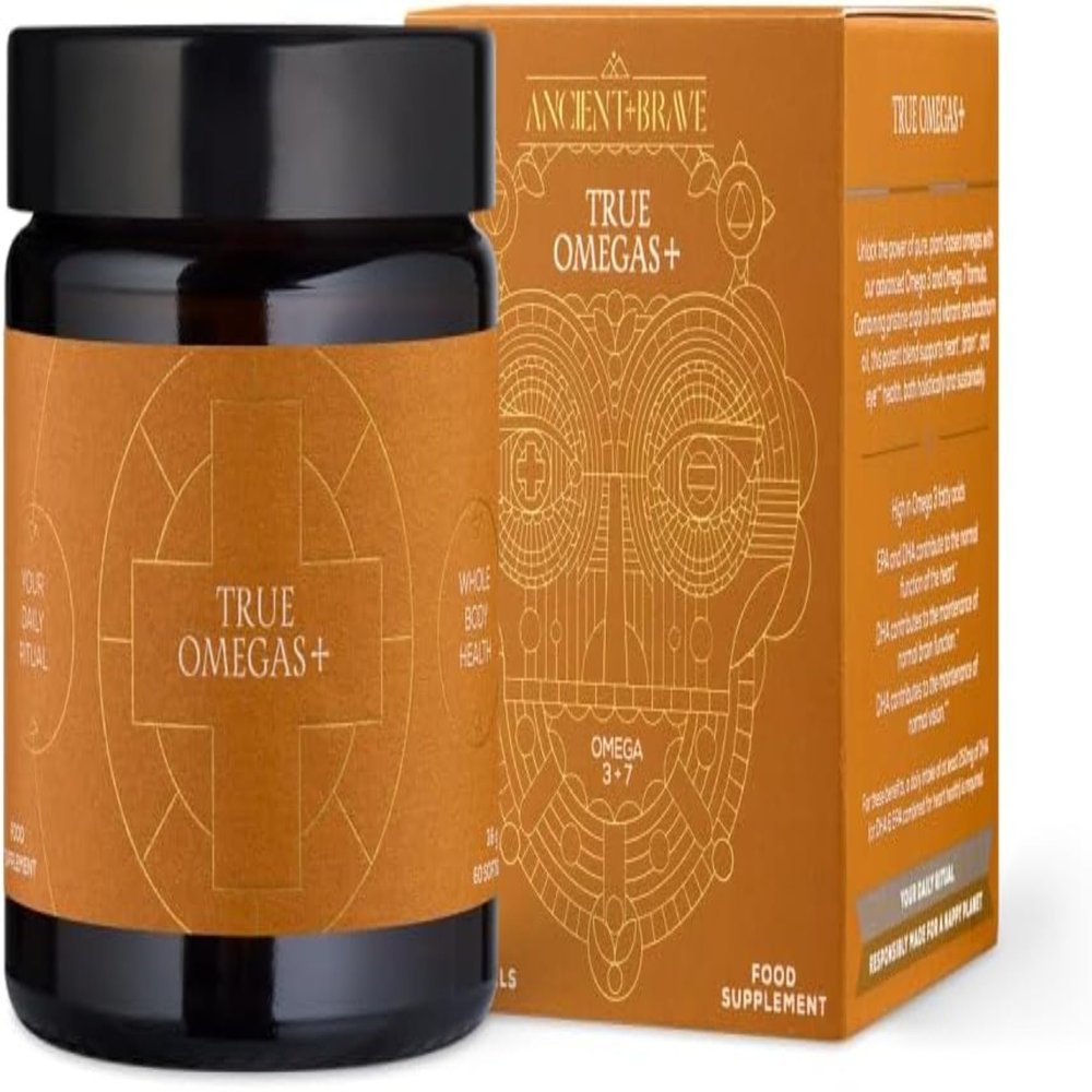 Ancient + Brave True Omegas+ 60 Capsules - Vegan Omega-3 Omega-7 - Nutrition Supplement Plant Based Essential Fatty Acids for Vision Brain and Heart Health