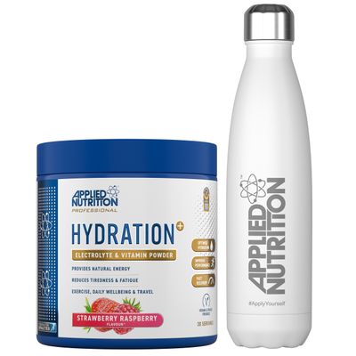 Applied Nutrition Hydration Electrolyte & Vitamin Powder + White Steel Flask 500ml- Natural Energy & Reduces Tiredness & Optimise Hydration (240g - 30 Servings)(Strawberry & Raspberry)