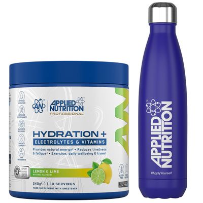 Applied Nutrition Hydration Electrolyte & Vitamin Powder + Blue Steel Flask 500ml- Natural Energy & Reduces Tiredness & Optimise Hydration (240g - 30 Servings)(Lemon & Lime)