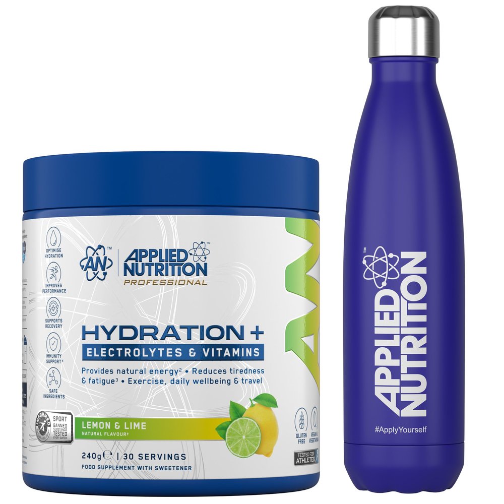 Applied Nutrition Hydration Electrolyte & Vitamin Powder + Blue Steel Flask 500ml- Natural Energy & Reduces Tiredness & Optimise Hydration (240g - 30 Servings)(Lemon & Lime)