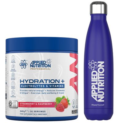 Applied Nutrition Hydration Electrolyte & Vitamin Powder + Blue Steel Flask 500ml- Natural Energy & Reduces Tiredness & Optimise Hydration (240g - 30 Servings)(Strawberry & Raspberry)