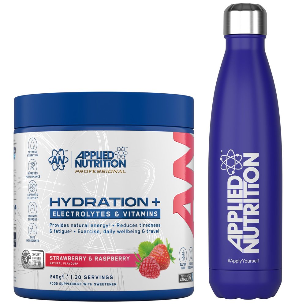 Applied Nutrition Hydration Electrolyte & Vitamin Powder + Blue Steel Flask 500ml- Natural Energy & Reduces Tiredness & Optimise Hydration (240g - 30 Servings)(Strawberry & Raspberry)