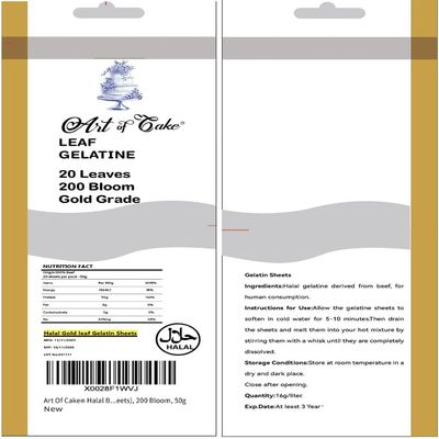 Art of Cake Halal Beef Gelatine Leaf Gold Sheets, 200 Bloom, 50g, 20 Sheets