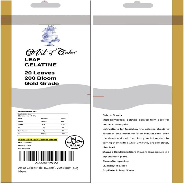 Art of Cake Halal Beef Gelatine Leaf Gold Sheets, 200 Bloom, 50g, 20 Sheets