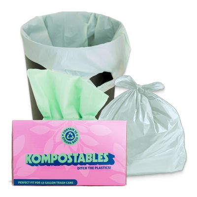 KOMPOSTABLES 100% Home Compostable Kitchen Trash Bags, 13 Gallon, Unscented Corn Plastic Bags w/Handles, 49 Liter Tall, Biodegradable Garbage, Compost & Food Scrap Waste Can Liners, Heavy Duty, 35 Ct