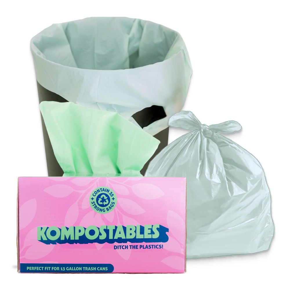 KOMPOSTABLES 100% Home Compostable Kitchen Trash Bags, 13 Gallon, Unscented Corn Plastic Bags w/Handles, 49 Liter Tall, Biodegradable Garbage, Compost & Food Scrap Waste Can Liners, Heavy Duty, 35 Ct