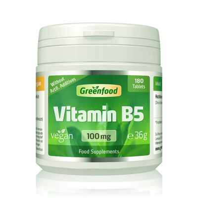 Greenfood Vitamin B5 (pantothenic Acid), 100 mg, high-dose, 180 Tablets, Vegan - contributes to The Reduction of Fatigue and The Normal Functioning of Energy Metabolism. Without Artificial additives.