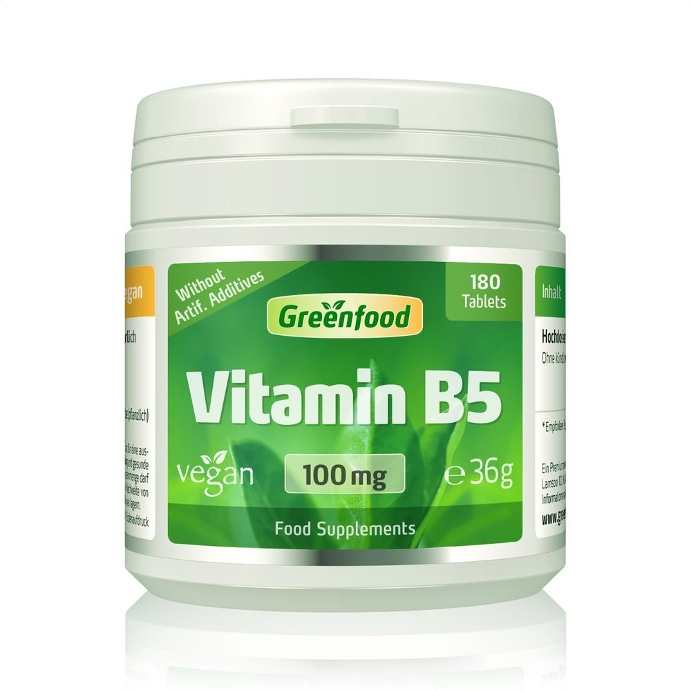 Greenfood Vitamin B5 (pantothenic Acid), 100 mg, high-dose, 180 Tablets, Vegan - contributes to The Reduction of Fatigue and The Normal Functioning of Energy Metabolism. Without Artificial additives.