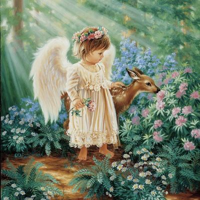 20 Napkins Children's Angel with Deer in the Forest as Table Decoration Paper Napkins with Angel Motif Nostalgia Vintage Deer Summer Forest Children Also for Decoupage and Decoupage 33 x 33 cm