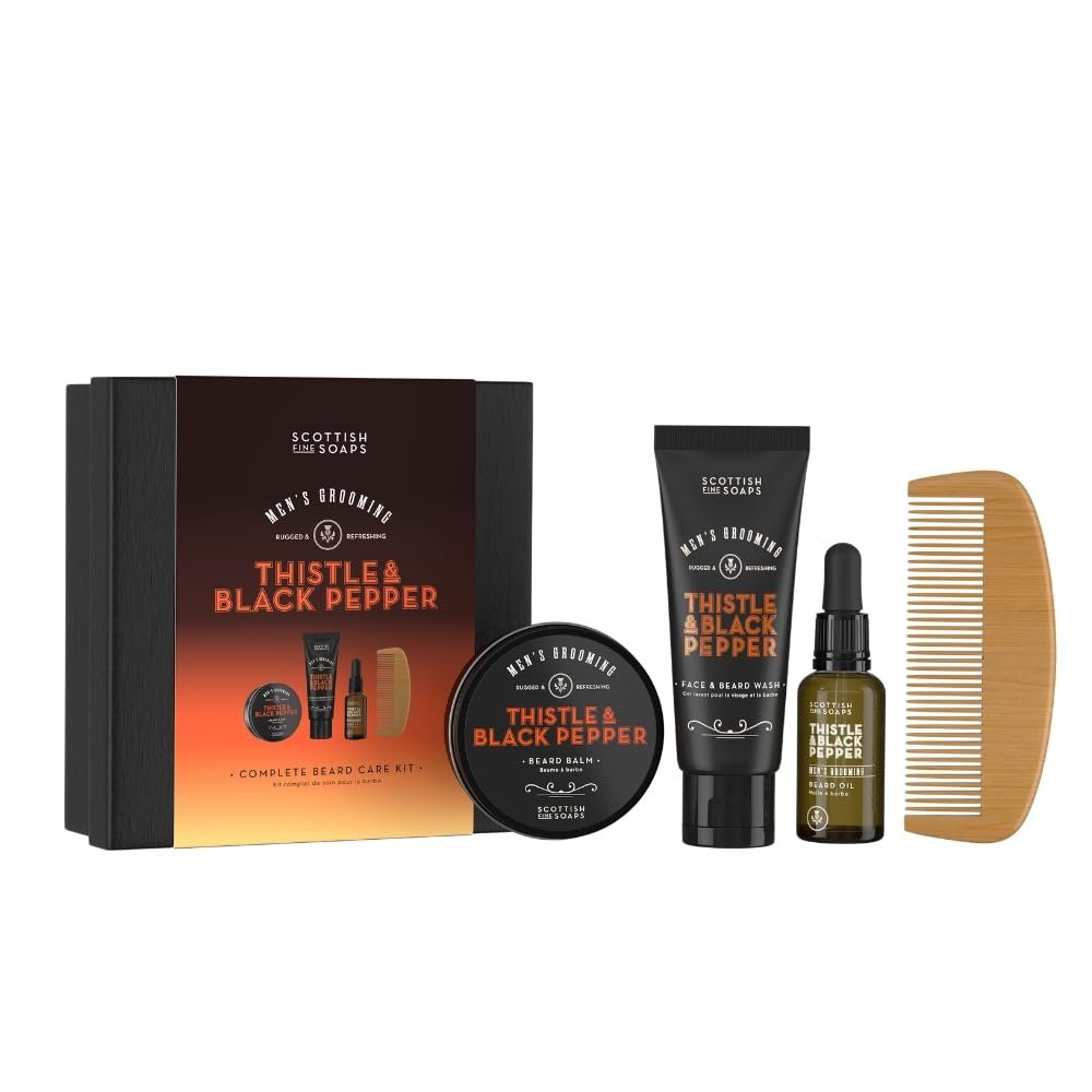 Scottish Fine Soaps Men's Grooming Thistle & Black Pepper Complete Beard Care Kit Gift Set for Him, Beard Balm, Beard Oil, Face Wash and Comb in Set