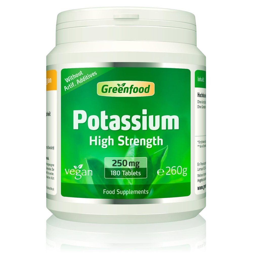 Greenfood Potassium, 250 mg,180 Tablets - contributes to Normal Nervous System Function, Muscle Function and Blood Pressure. Without Artificial additives. Without Genetic Engineering. Vegan.