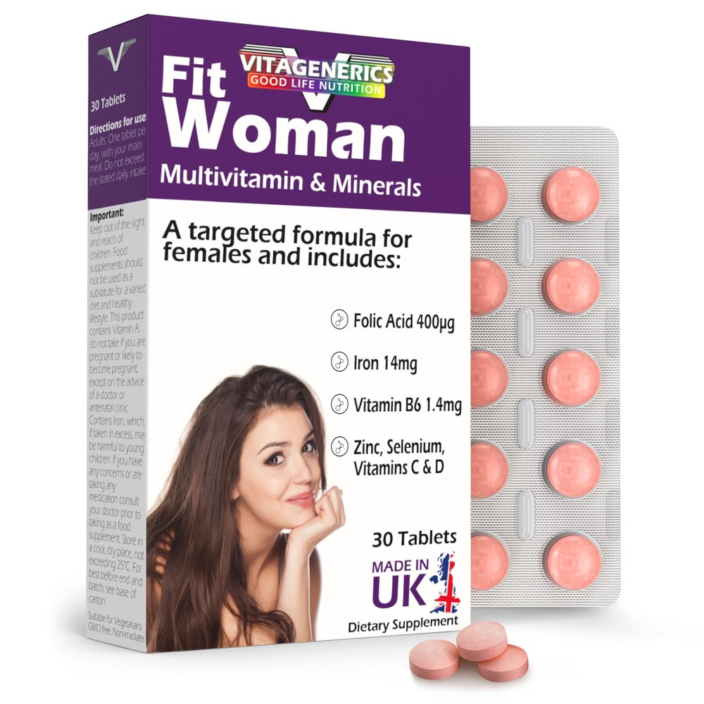 VITAGENERICS FitWoman High Strength Multivitamin & Minerals | x30 Tablets | with Folic Acid, Iron, Zinc, Selenium, Biotin, Vitamin C, B-Complex & More! UK Made Supplement for Women