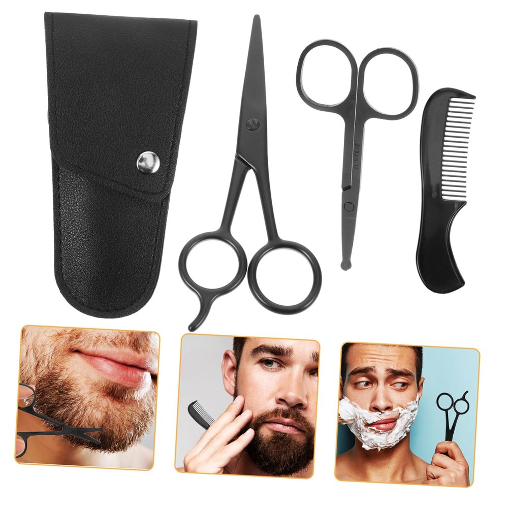 TOVINANNA Mustache Scissors Set Grooming Kit Stainless Steel for Men and Small Comb Beard Trimming with Anti-Rust Finish, Clean Cut Shears Silver for Barber Shops and Outdoor Travel