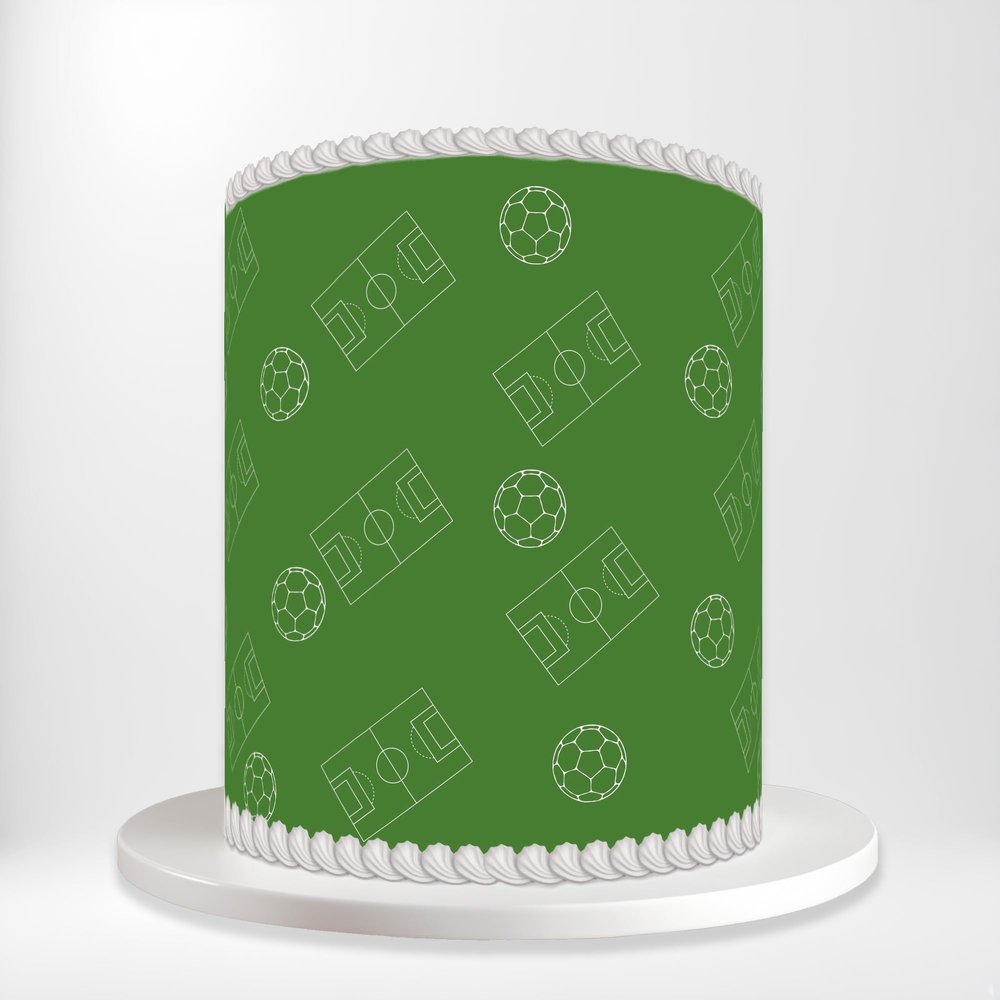 Green White Football Soccer Play Fields Balls Fun Sport Pattern Wrap Around Print A4 Edible Paper Icing Sheet Cake Topper Side Ribbon Border Decor for Personalised Themed Decorations