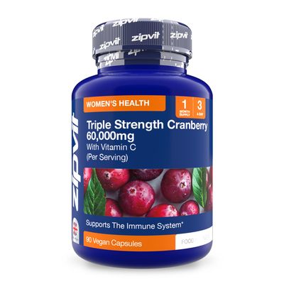 Zipvit Triple Strength Cranberry 60,000mg, High Strength Cranberry Extract with Vitamin C, 90 Vegan Capsules for Immune Support, 1 Month Supply, Supplement for Men & Women
