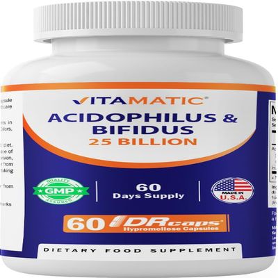 Vitamatic Acidophilus Bifidus 25 Billion DR Capsule - 60 Count - Digestive Support - Made with Prebiotic Inulin Fiber