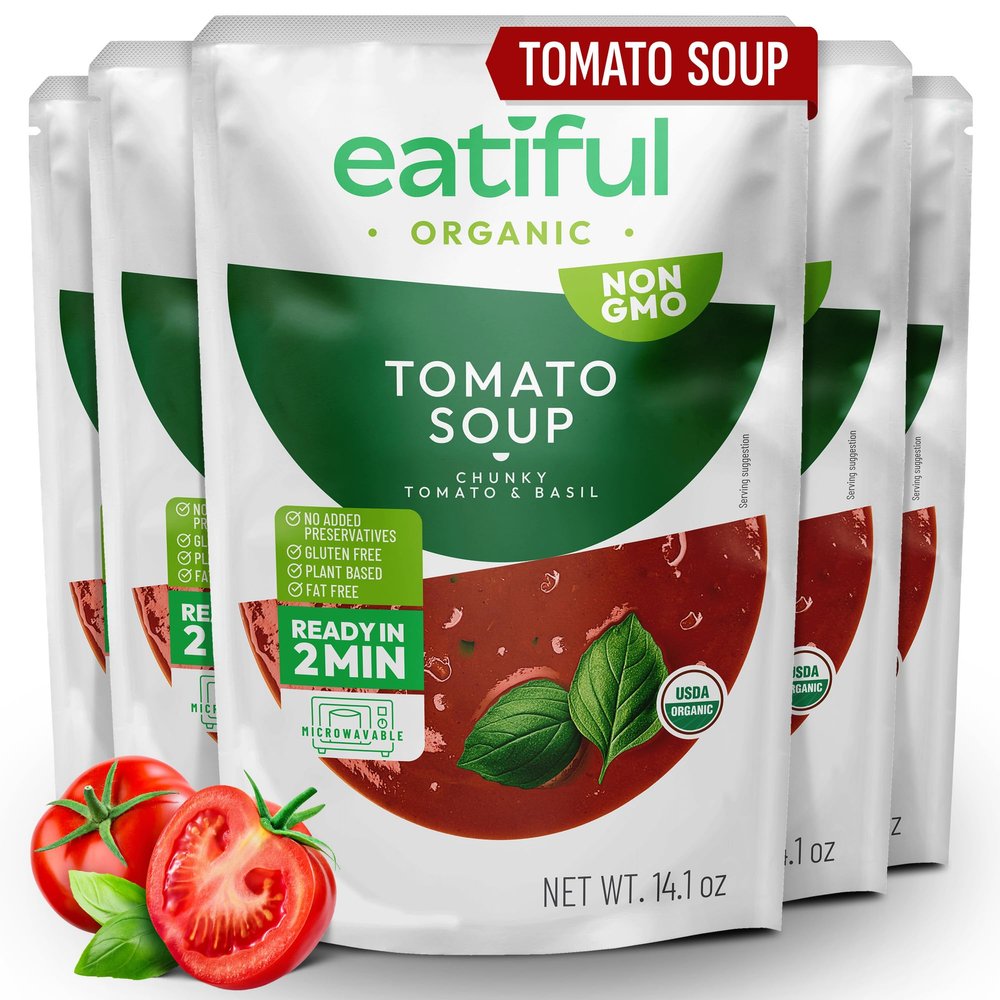 EATIFUL Organic Tomato Soup, Ready To Eat Vegan Plant Based Creamy Tomatoes Soup, No Added Preservatives, Gluten Free, NON GMO, 14 Ounce (Pack of 5)