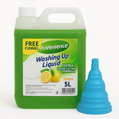 5 Litre Professional Grade Washing Up Liquid Refill with a Funnel| Provenience | Lemon Scent | Tough on Grease and Grime | Skin Sensitive | Comes with a Silicone Funnel
