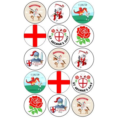 15 x St George's Day Party Pack - Edible Wafer or Icing Cupcake Toppers English Party Cake Decorations Perfect For Brownies Cookies Muffins & More! (Premium Icing Sheet)