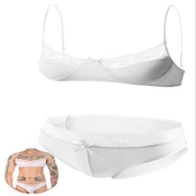 AIEOE Sissy Bikini Set for Men Crossdresser Two Pcs Sissy Outfit Lace Lingerie Sheer Spaghetti Straps Bra and Brief for Gay White