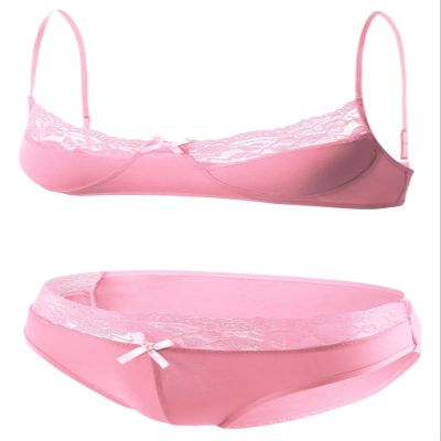 AIEOE Sissy Bikini Set for Men Sexy Sissy Outfit Lace Lingerie Sheer Spaghetti Straps Bra and Brief Crossdresser Two Pcs for Gay Pink