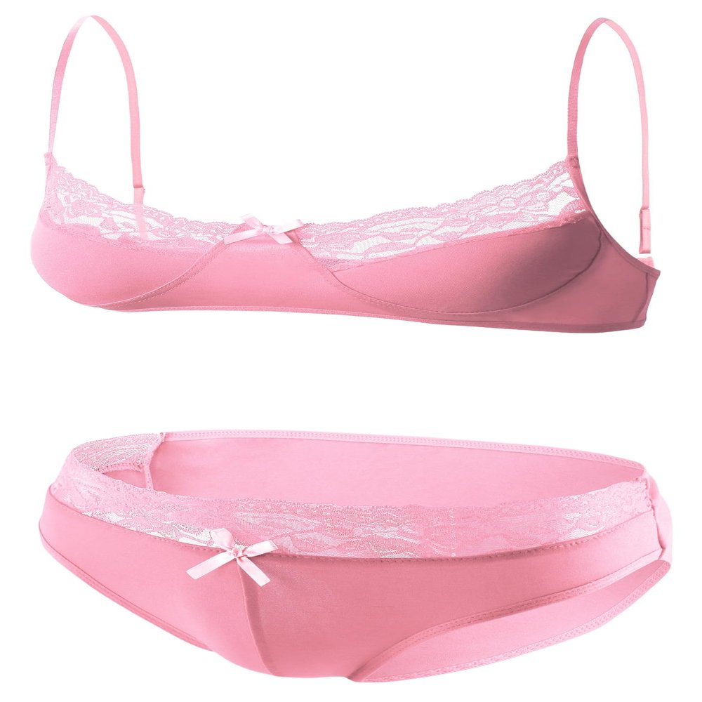 AIEOE Sissy Bikini Set for Men Sexy Sissy Outfit Lace Lingerie Sheer Spaghetti Straps Bra and Brief Crossdresser Two Pcs for Gay Pink