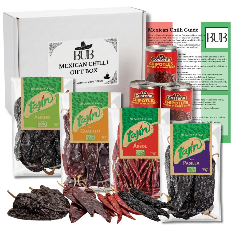 BUB Mexican Chilli Gift Pack 7 Piece Set: Dried Ancho, Guajillo, Pasilla & Arbol Chillies 75g + 3 x Chipotle in Adobo (La Costea) 199g | Includes Tajn Chillies | Recipe Guide Included (7 Pack)