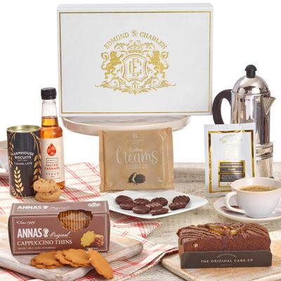 Edmond & Charles Gourmet Coffee & Chocolate Gift Hamper | Luxury Box with Edmonds Signature Blend Ground Coffee, Salted Caramel Syrup, Biscuits, Cake & Chocolates | Fathers Day Hampers Presents