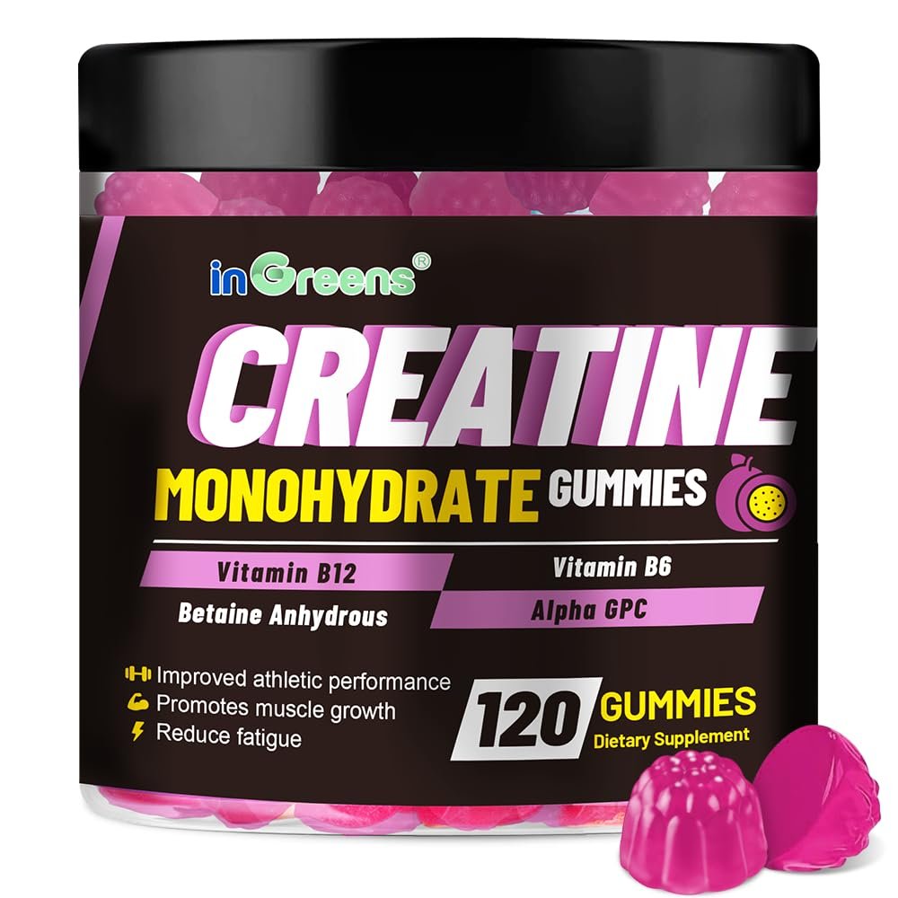 inGreens Creatine Gummies 6000mg, Creatine Monohydrate Gummies for Men & Women, Potent Creatine Supplement, Increase Strength & Build Muscle, Sugar Free, Passion Fruit Flavor, 120 Count