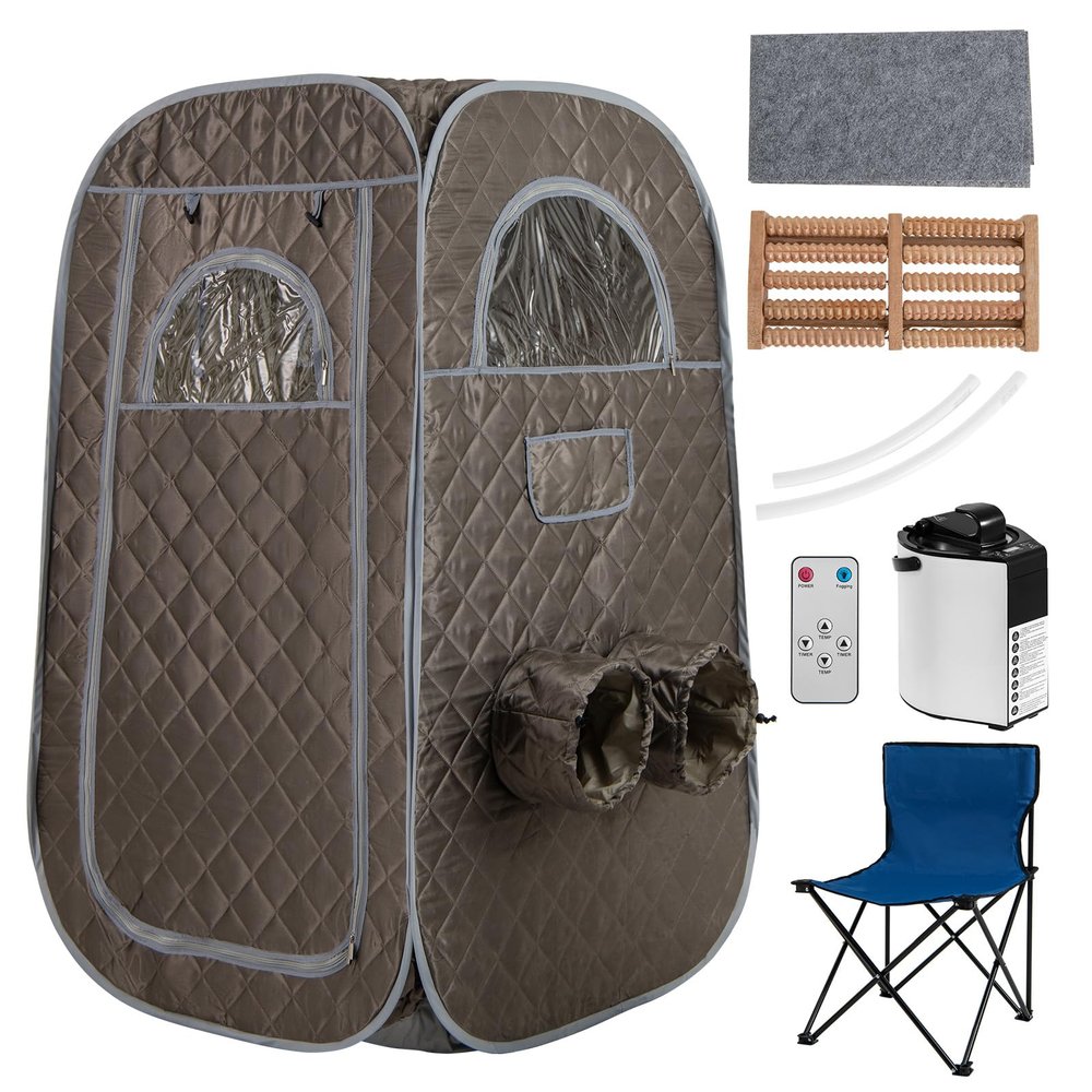 COSTWAY Portable Sauna Steam, Folding Full Body Sauna Tent Steam Room with 1000W 3L Generator, Chair, Foot Massager & Leg Holes, Pop-Up Personal Home SPA Cabin Box for Therapy Detox Slimming (Grey)