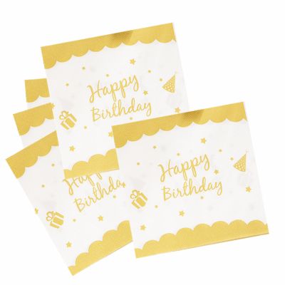 100 Pack Happy Birthday Napkins Bulk, Scalloped Disposable Cocktail Napkins White and Gold Birthday Napkins 2 Ply Paper Napkins for Birthday Party Supplies, 6.5X6.5 Inch
