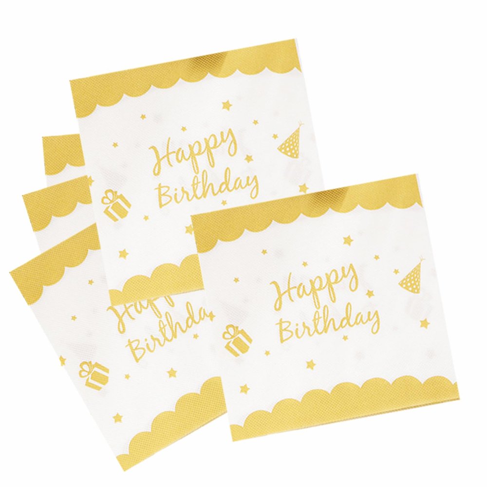 100 Pack Happy Birthday Napkins Bulk, Scalloped Disposable Cocktail Napkins White and Gold Birthday Napkins 2 Ply Paper Napkins for Birthday Party Supplies, 6.5X6.5 Inch