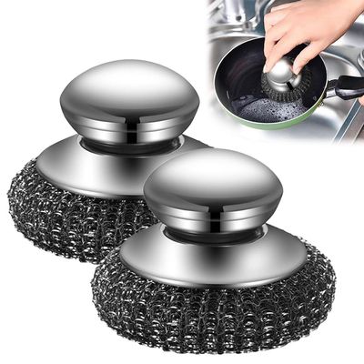 2025 New Stainless Steel Wool Scrubber with Handle, Heavy Duty Scrubber Detachable Metal Steel Scrubber Wool Pads for Cleaning Dishes, Cast Iron Pots, Stoves, Kitchen Sink (2 Pcs)