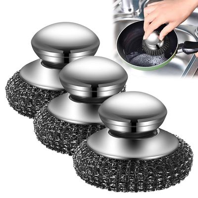 2025 New Stainless Steel Wool Scrubber with Handle, Heavy Duty Scrubber Detachable Metal Steel Scrubber Wool Pads for Cleaning Dishes, Cast Iron Pots, Stoves, Kitchen Sink (3 Pcs)